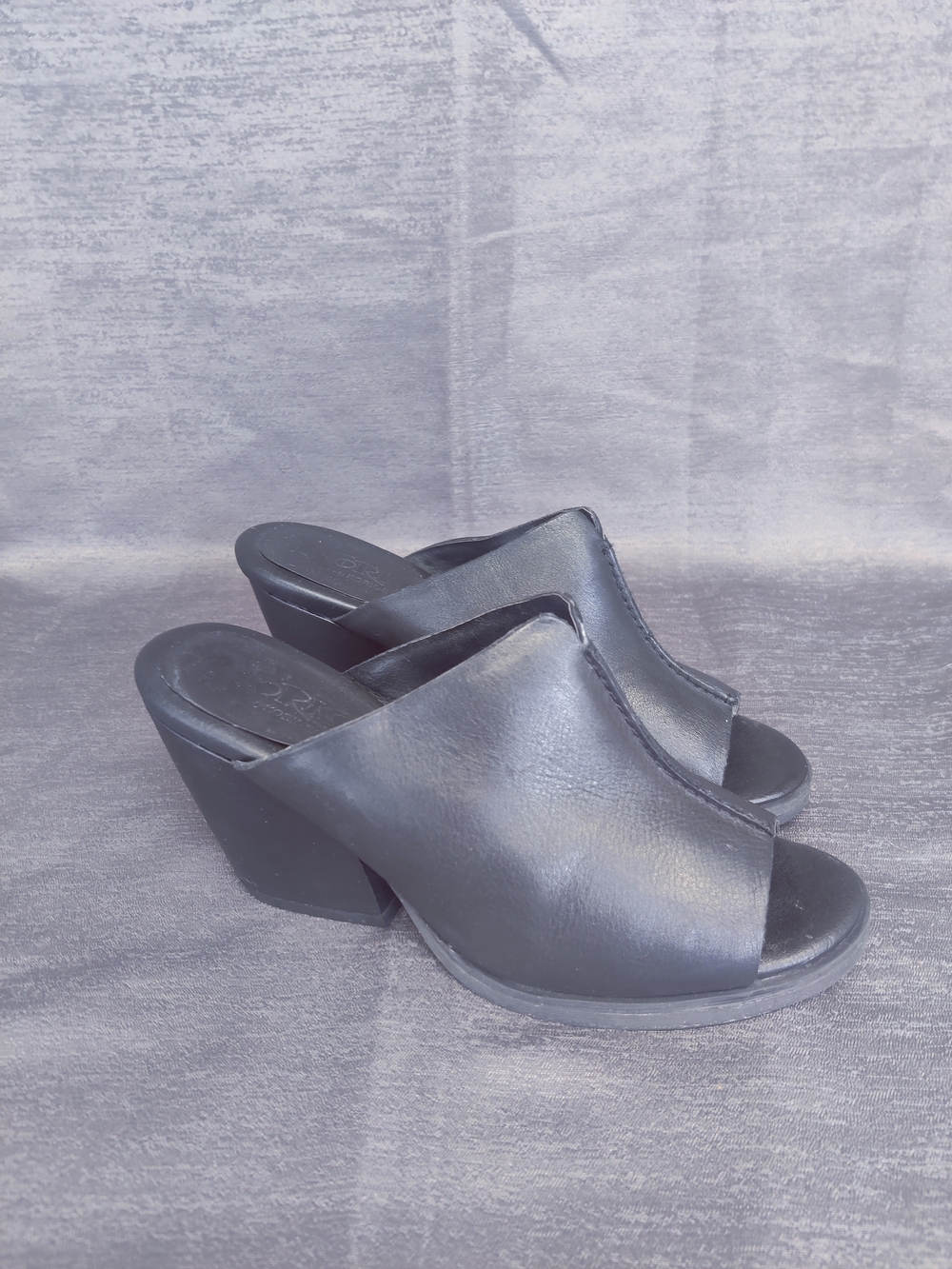 Kork-Ease Black Leather Peep Toe Mule Clog Sandals Chunky Heel Womens 8